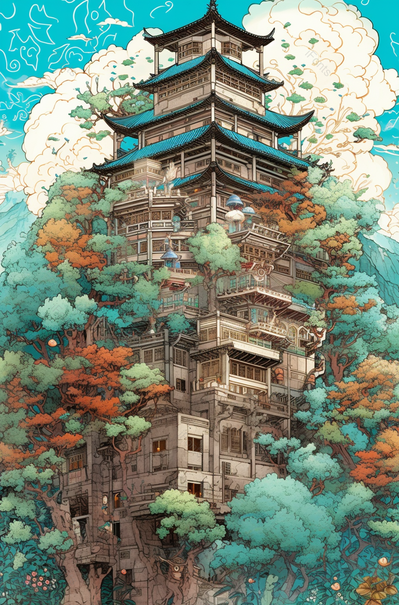 大树建立阁楼重叠房屋中国风国潮古典中国传统文化背景插画,插画/手绘图,插画/手绘图库,插画/手绘图下载,插画/手绘